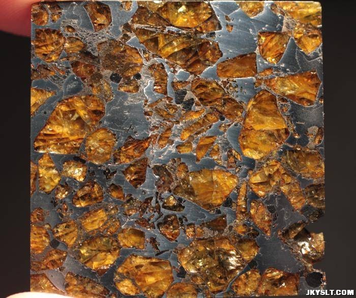 GEM-LIKE OLIVINES BRAHIN METEORITE PALLASITE SLICE.JPG